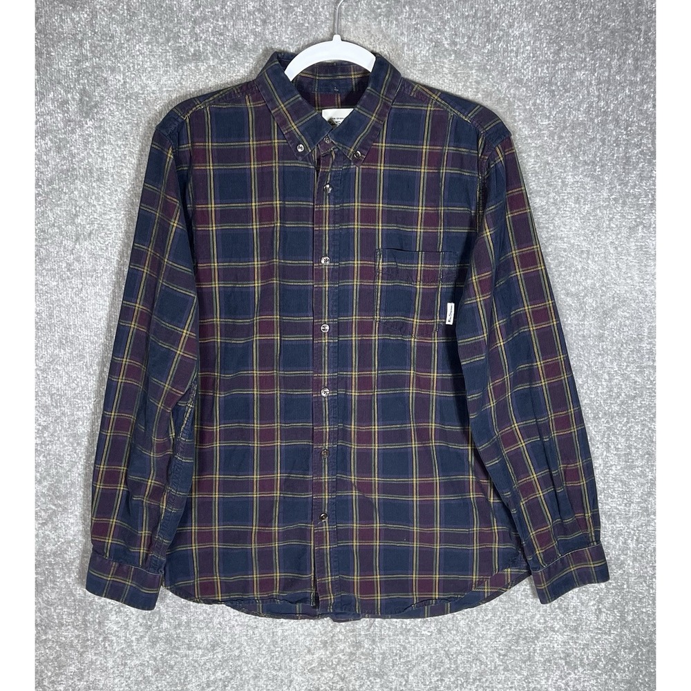 The Original Ben Sherman Corduroy Button Down Shirt Mens Sz L Blue Plaid Pocket